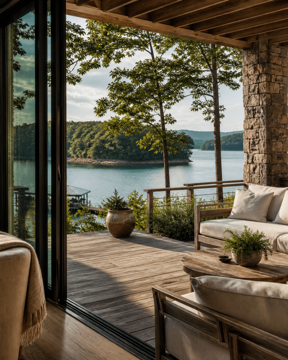 A peaceful lake house deck prepared for its owners