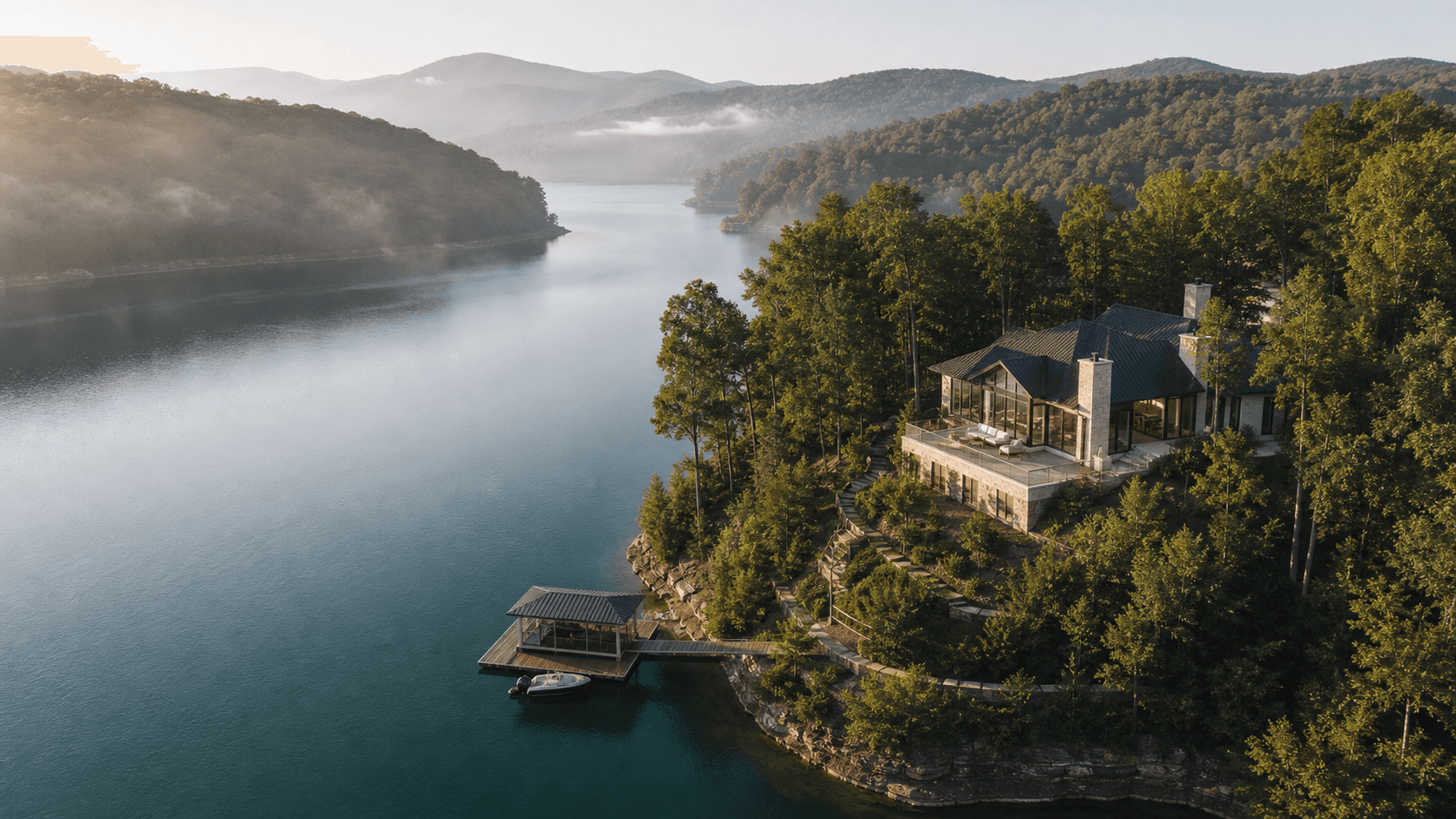 A luxury lake home overlooking a quiet Norris Lake cove